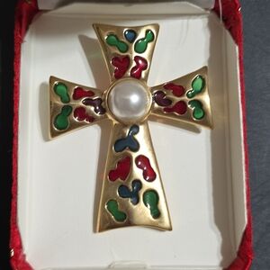 Gold Cross Brooch with Pearl and Multicolor Accents